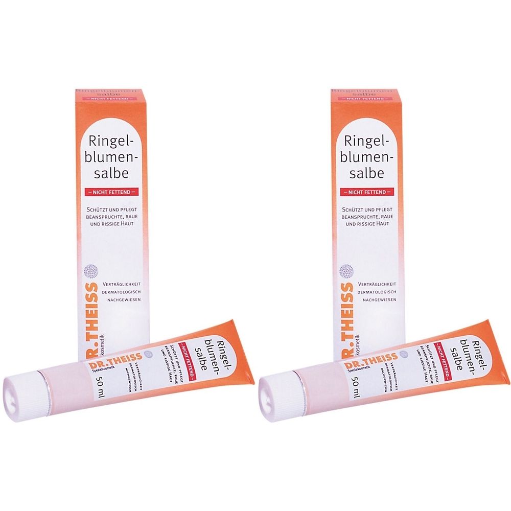Zwei Tuben und zwei Schachteln Ringelblumen-Salbe. Auf den Tuben steht "DR. THEISS" und "50 ml". Auf den Schachteln steht "Ringelblumen-Salbe".
