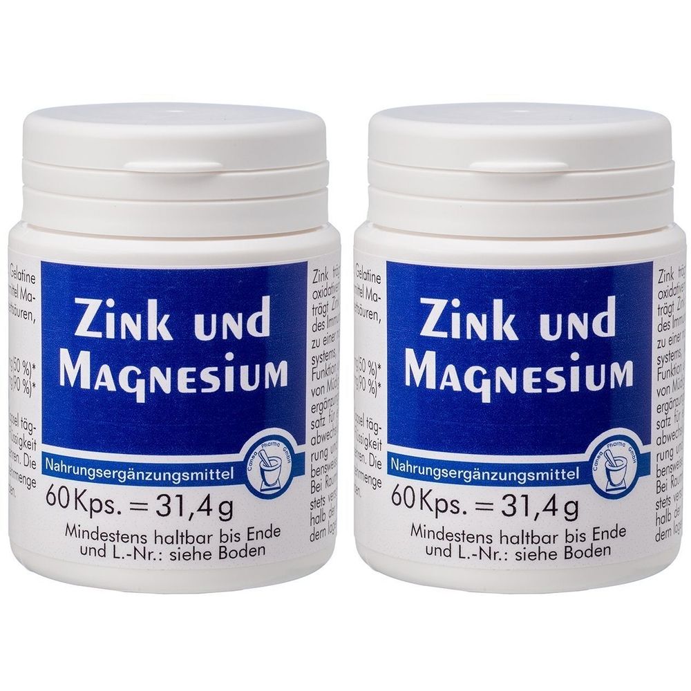 Zwei weiße Kunststoffdosen mit blauem Etikett. Aufschrift: Zink und Magnesium. 60 Kapseln. Nahrungsergänzungsmittel.