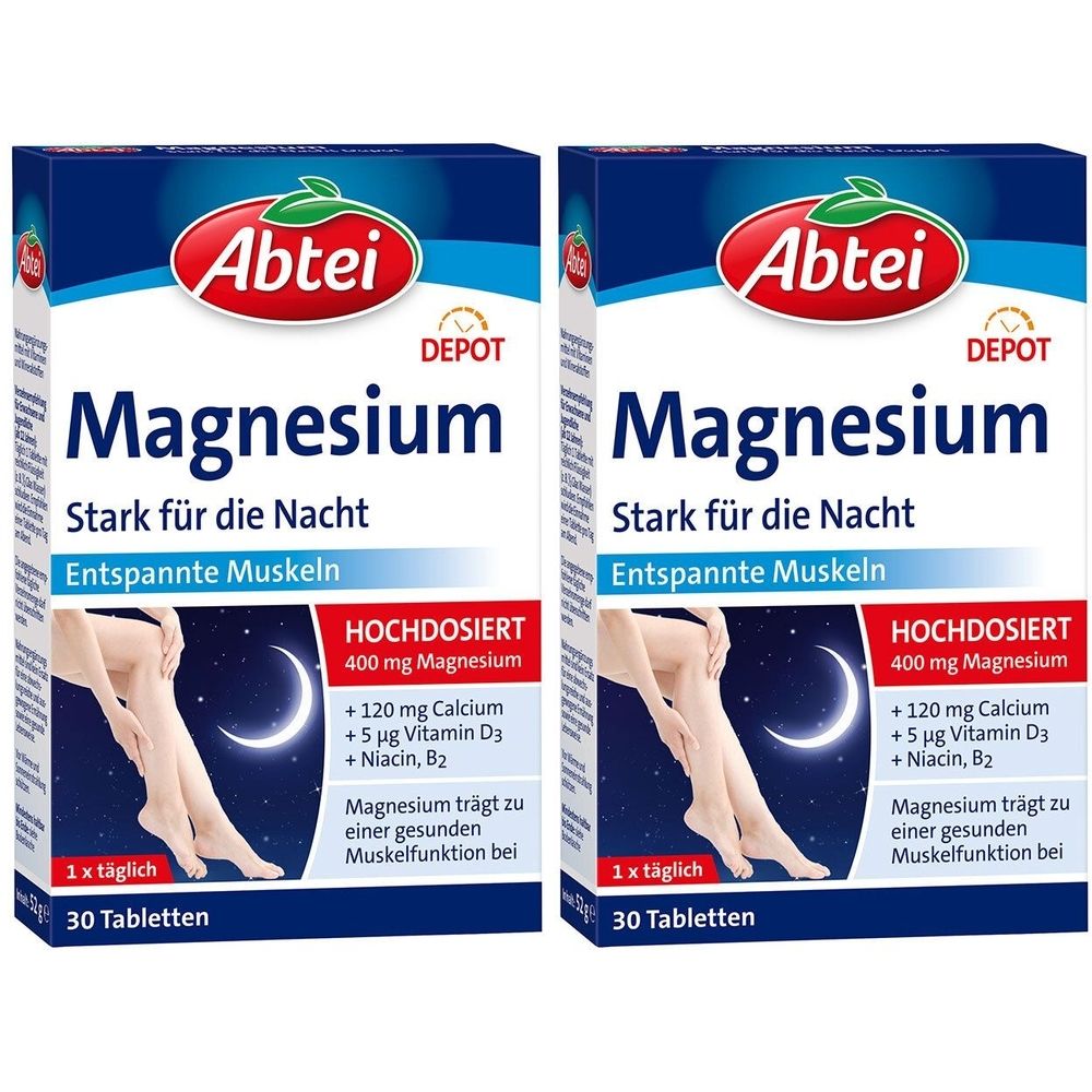 Zwei Schachteln Abtei Magnesium. Blaue Verpackung mit Produktnamen und Zusatzinformationen. Abbildung von Beinen und Mond.