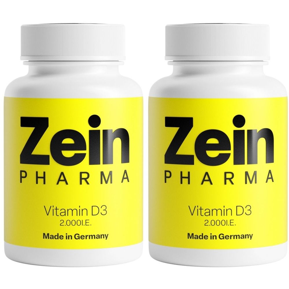 Zwei weiße Flaschen mit gelben Etiketten. Aufschrift: Zein Pharma, Vitamin D3, 2.000 I.E., Made in Germany.