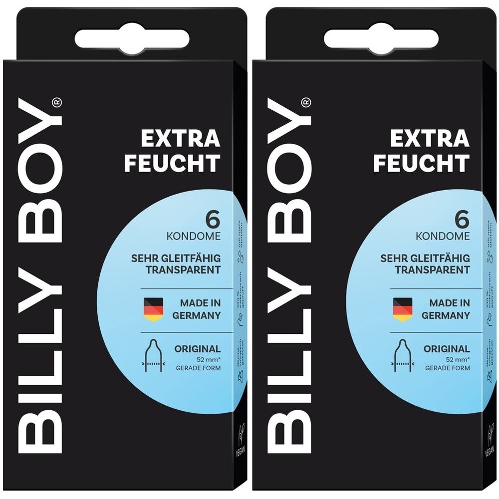 Zwei Packungen BILLY BOY Kondome. Schwarze Verpackung mit weißer Schrift. Enthält 6 Kondome, extra feucht, transparent, Original, 52 mm.
