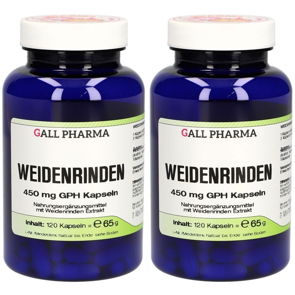 Zwei blaue Flaschen mit weißen Deckeln. Auf den Etiketten steht "WEIDENRINDEN 450 mg GPH Kapseln" und "GALL PHARMA".