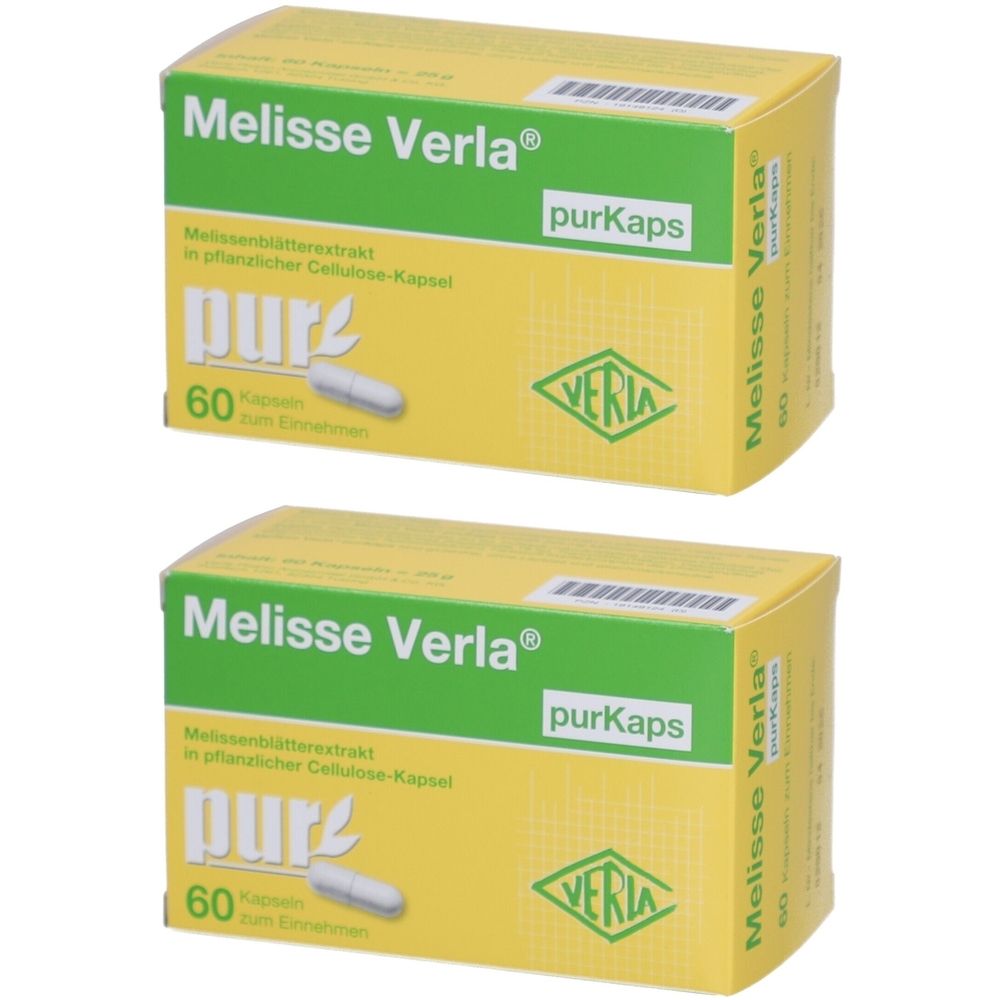 Zwei gelbe Kartons mit der Aufschrift "Melisse Verla". Aufschrift "purKaps" und "60 Kapseln". Logo "VERIA".