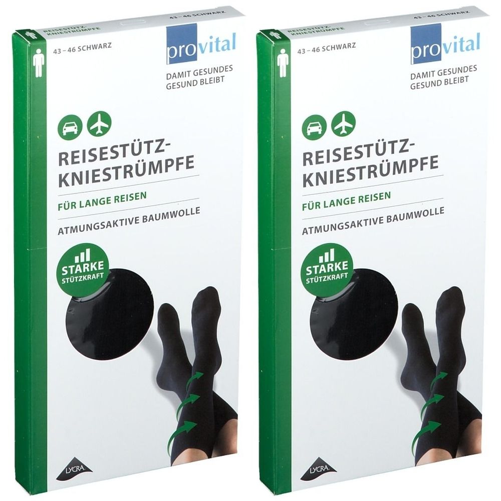 Zwei Packungen provital Reisekniestrümpfe. Schwarze Kniestrümpfe mit starker Stützkraft. Größe 43-46. Aufschrift: Für lange Reisen, atmungsaktive Baumwolle.