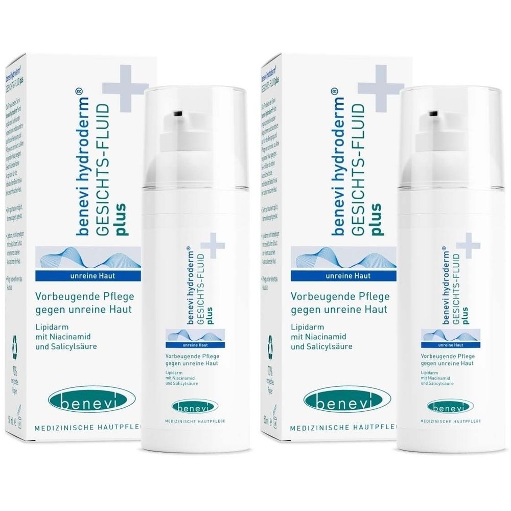 Zwei Flaschen und zwei Kartons von benevi hydroderm GESICHTS-FLUID plus. Aufdruck: unreine Haut, vorbeugende Pflege.