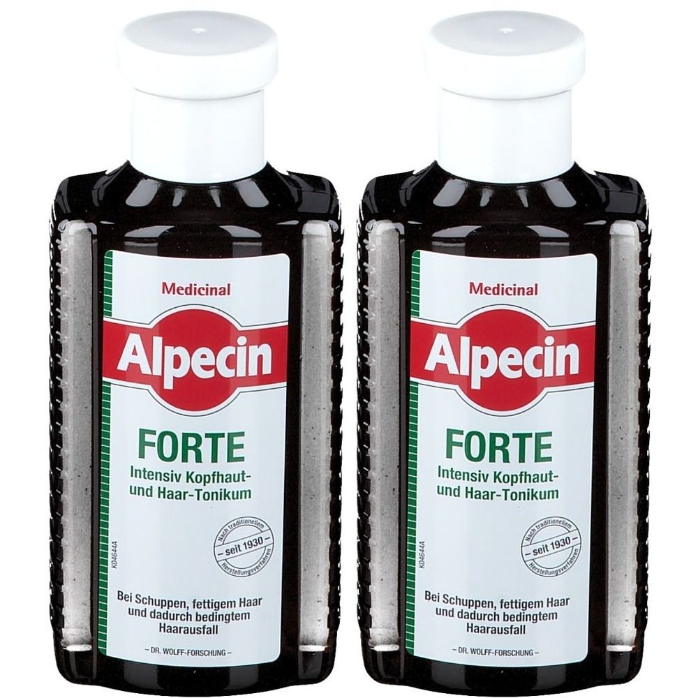 Zwei Flaschen mit weißem Deckel und schwarzem Inhalt. Etikett mit roter und weißer Schrift: Alpecin FORTE Intensiv Kopfhaut- und Haar-Tonikum.