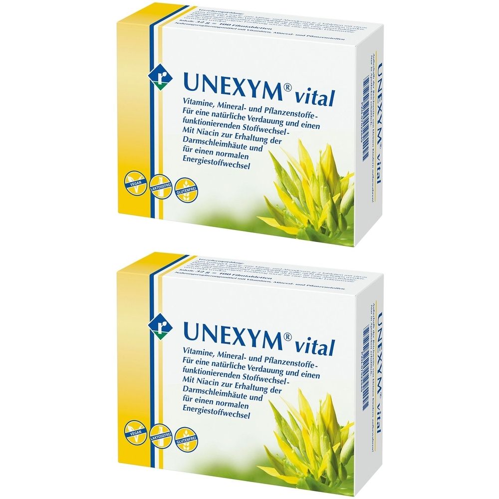 Zwei weiße Schachteln mit UNEXYM® vital-Logo und Text. Gelbe und blaue Akzente. Abbildung von gelben Pflanzen.