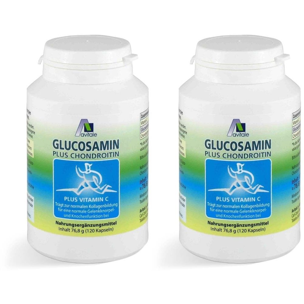 Zwei weiße Flaschen mit Deckel. Aufschrift: Avitale Glucosamin Plus Chondroitin, Plus Vitamin C. Abbildung einer Person.