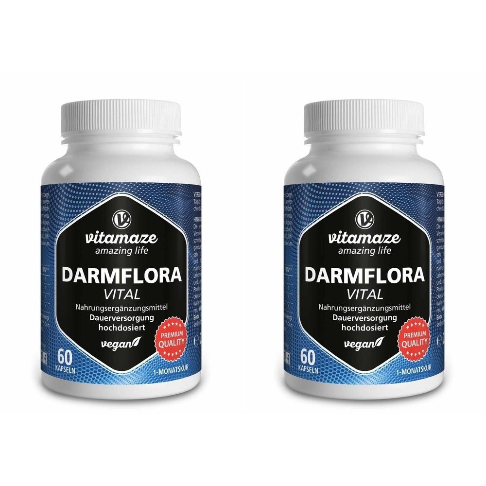 Zwei weiße Flaschen mit Schraubverschluss. Aufschrift: Darmflora Vital, 60 Kapseln, vegan. Logo: vitamaze.