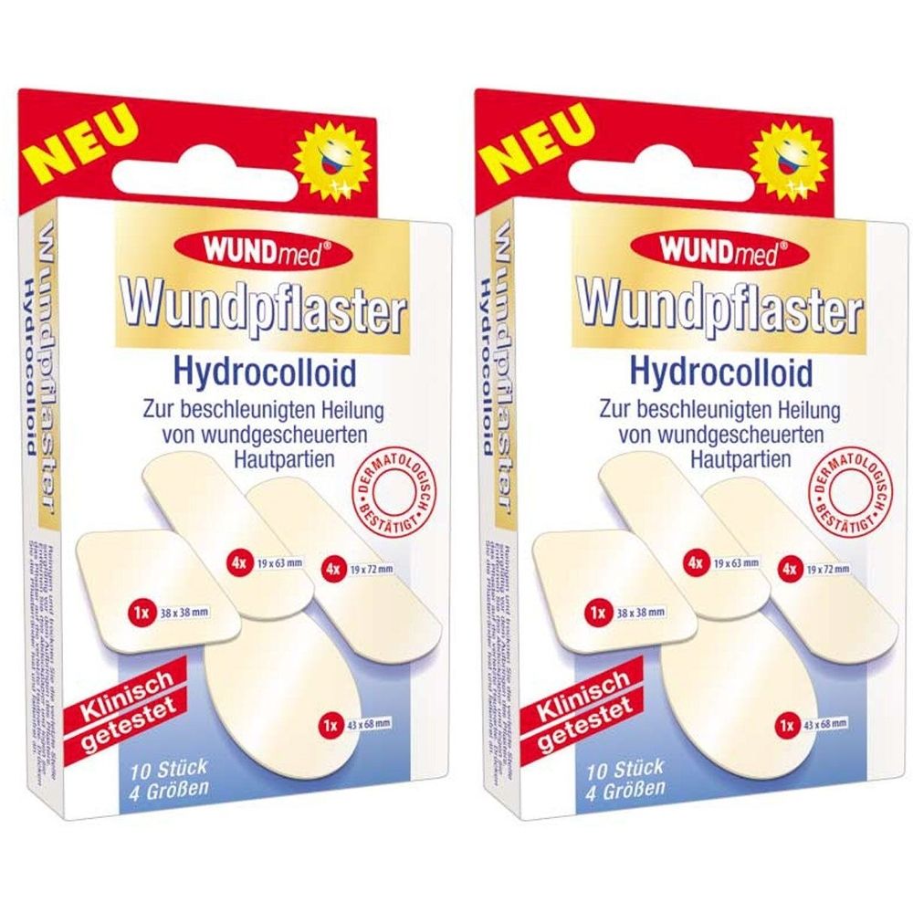 Zwei Packungen WUNDmed Wundpflaster Hydrocolloid. Jede Packung enthält Pflaster in vier Größen. Aufschrift: Klinisch getestet.