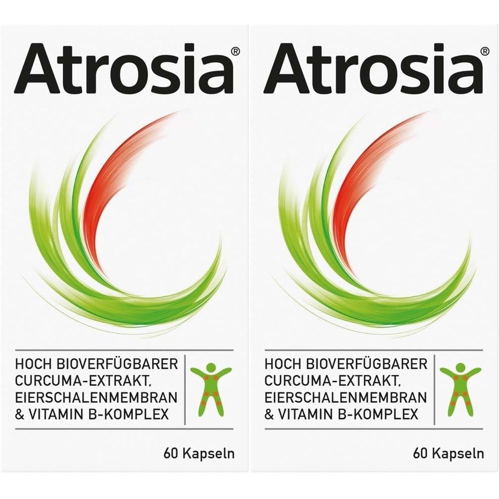 Zwei weiße Schachteln mit dem Produktnamen Atrosia. Auf jeder Schachtel steht: Hoch bioverfügbarer Curcuma-Extrakt, Eierschalenmembran & Vitamin B-Komplex. 60 Kapseln.