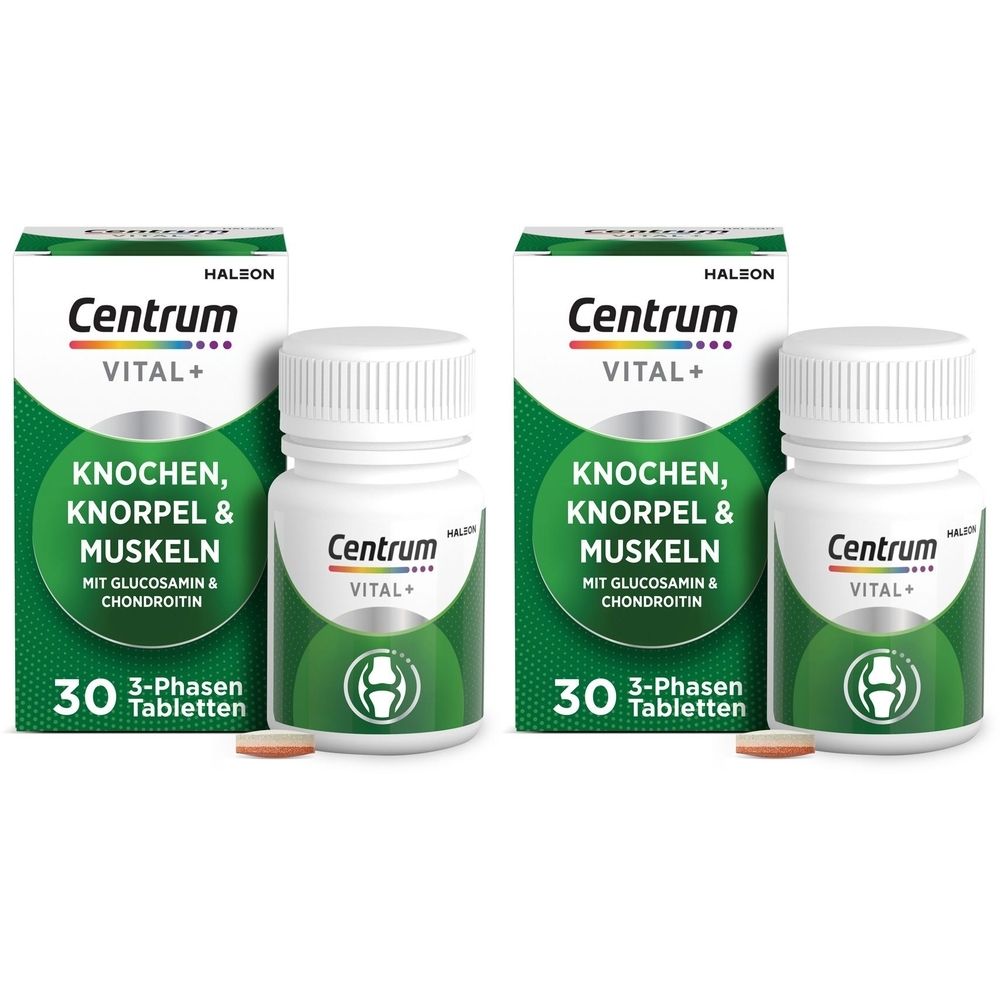 Zwei Packungen und Flaschen von Centrum Vital+. Aufschrift: Knochen, Knorpel & Muskeln. 30 Tabletten. Grün-weiß Verpackung.