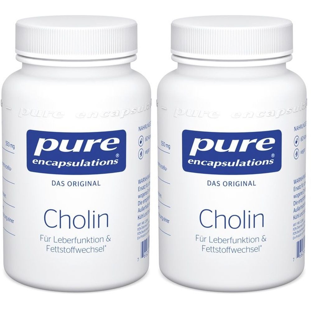 Zwei weiße Flaschen mit Schraubverschluss. Auf blauem Etikett: "pure encapsulations", "Cholin". Text: "Für Leberfunktion & Fettstoffwechsel".