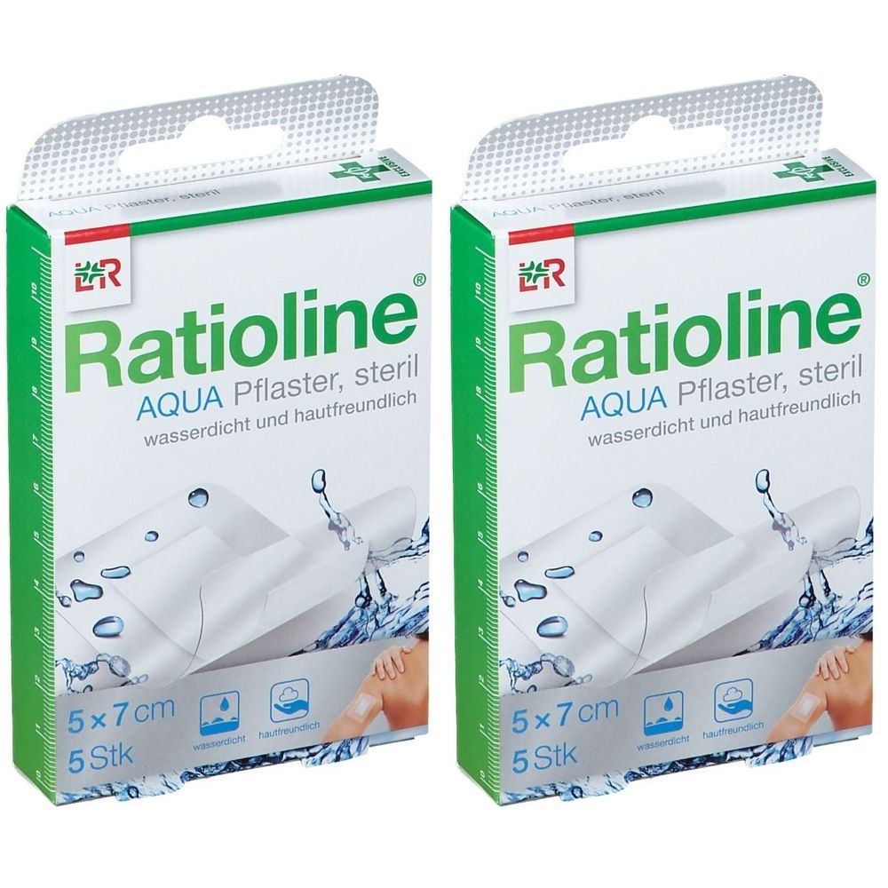 Zwei Schachteln Ratioline® aqua Duschpflaster Plus. Aufdruck: 5 x 7 cm, 5 Stück. Wasserdicht und hautfreundlich.