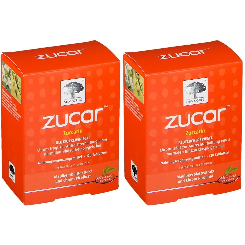 Zwei orangefarbene Schachteln mit weißer Schrift. Aufschrift: Zucar, Zuccarin, 120 Tabletten. Logo: Baum mit Blättern.