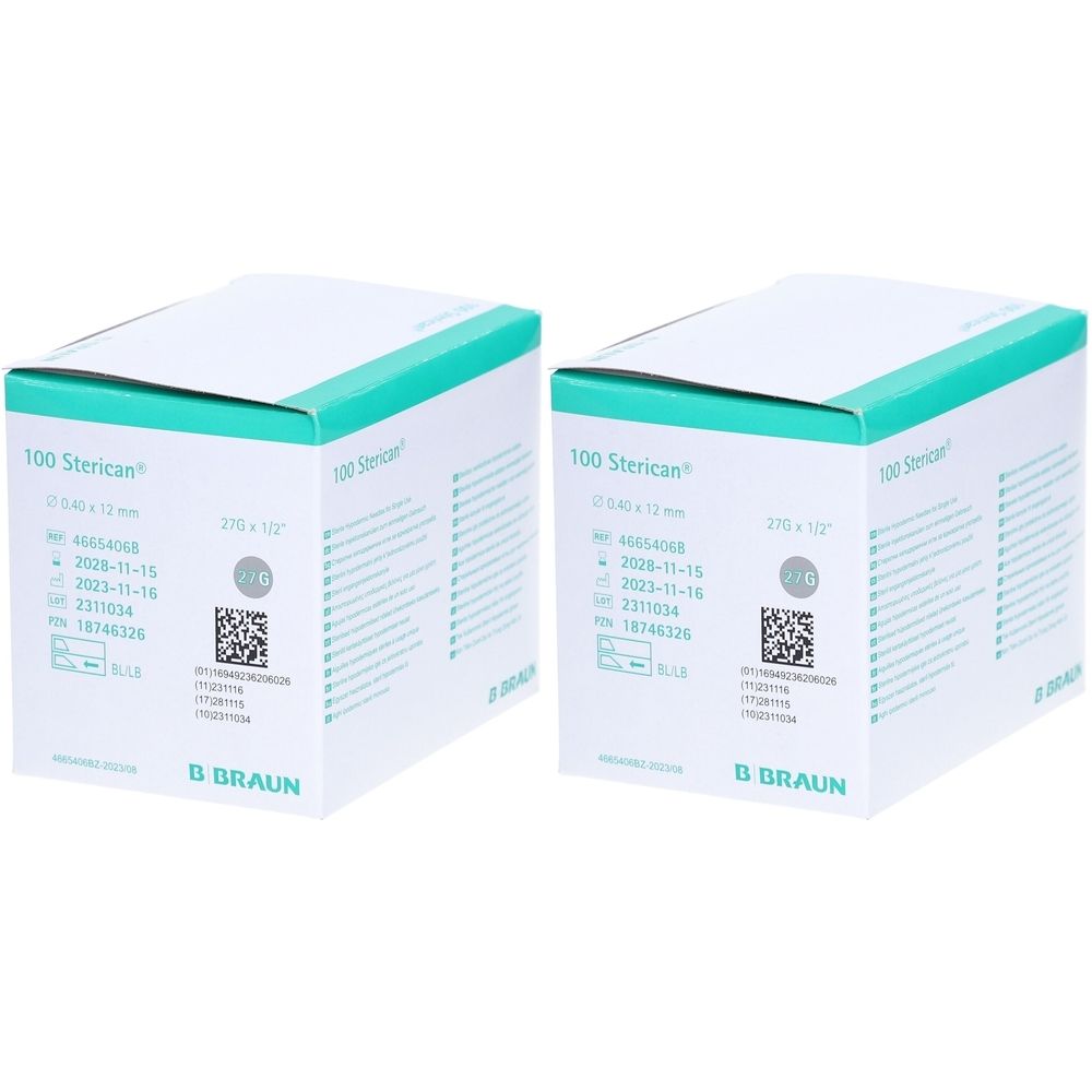Zwei Kartons mit "100 Sterican" und Produktinformationen. Grün-weiße Verpackung mit QR-Code und "B BRAUN" Logo.