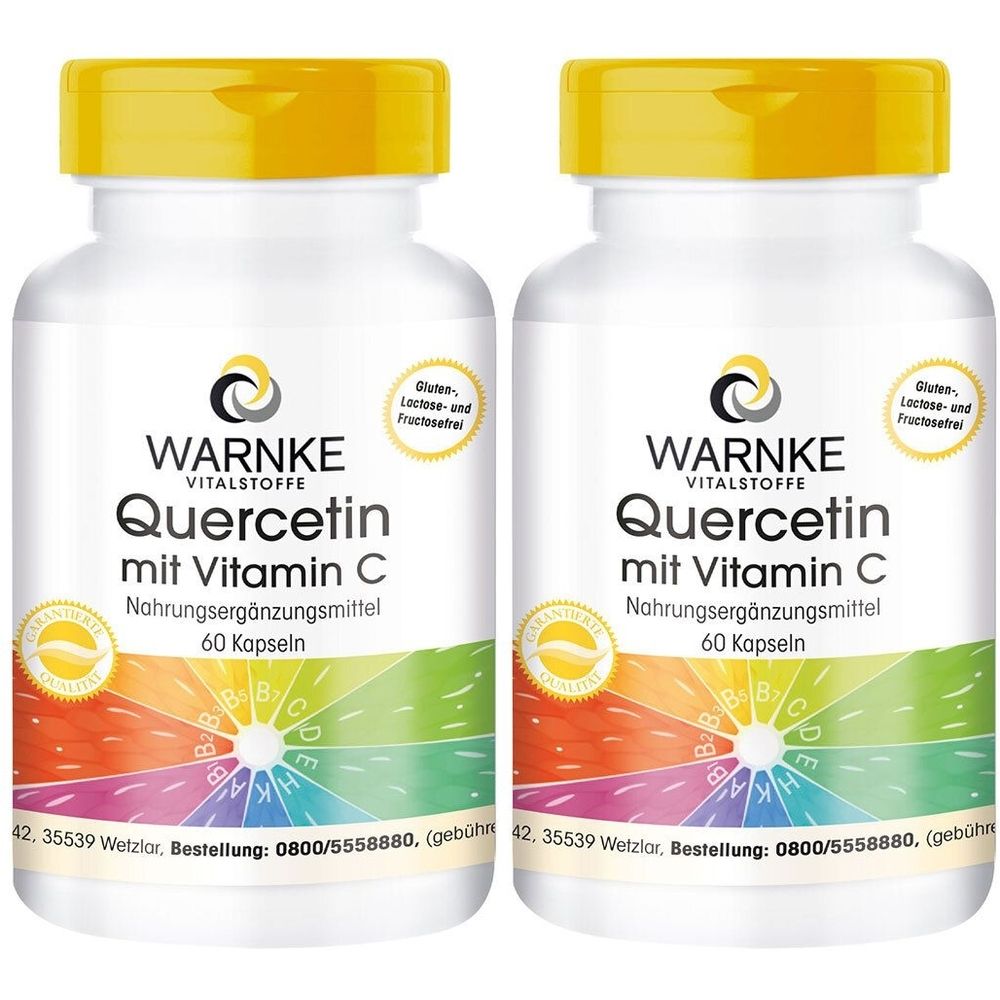 Zwei weiße Flaschen mit gelben Deckeln. Aufschrift: WARNKE VITALSTOFFE Quercetin mit Vitamin C, 60 Kapseln. Gluten-, Laktose- und Fructosefrei.