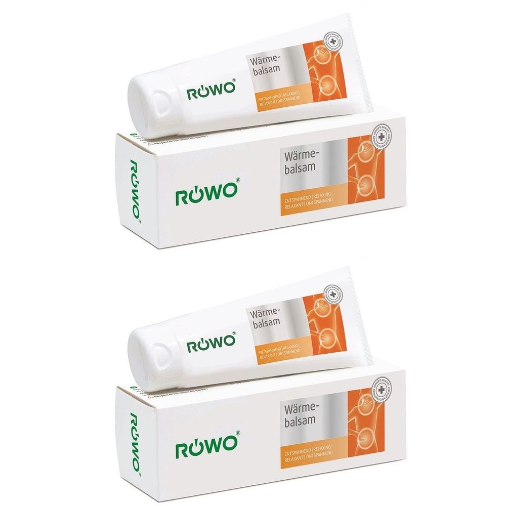 Zwei Tuben und zwei Kartons. Auf den Tuben und Kartons steht "RÖWO Wärmebalsam". Die Verpackung ist weiß mit grüner und orangefarbener Schrift.