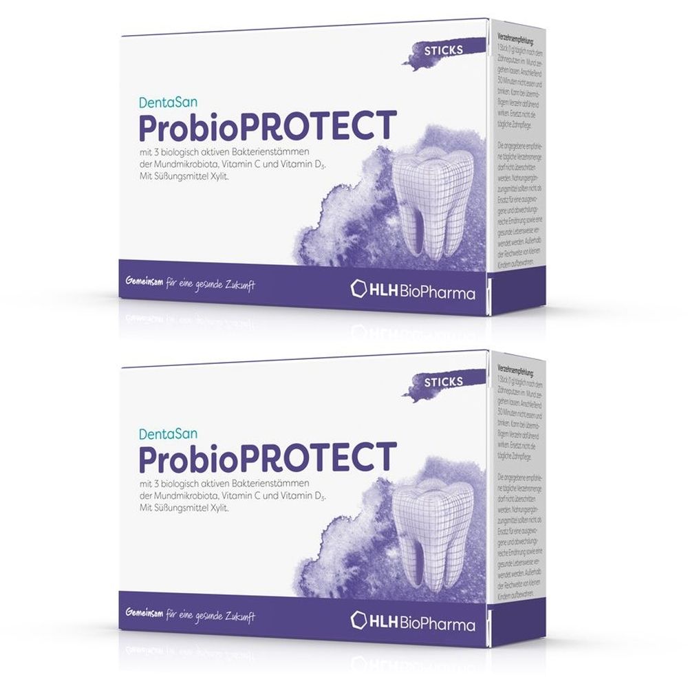 Zwei Schachteln DentaSan ProbioPROTECT Direktsticks. Aufdruck: Zahn, Text, Logo HLHBioPharma. Verpackung in Lila und Weiß.