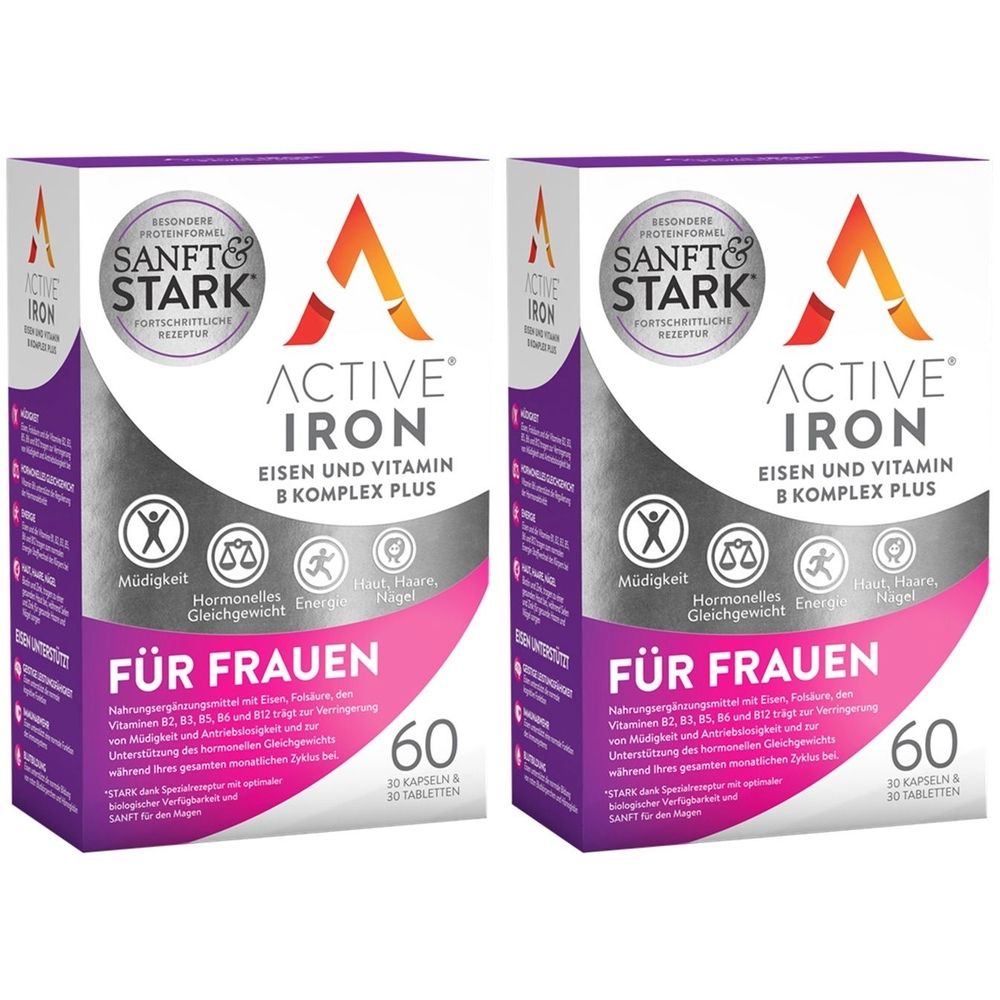 Zwei Packungen Active Iron, Eisen- und Vitamin B Komplex Plus. Lila-weiße Verpackung mit Logo und Text. Für Frauen, 60 Kapseln.