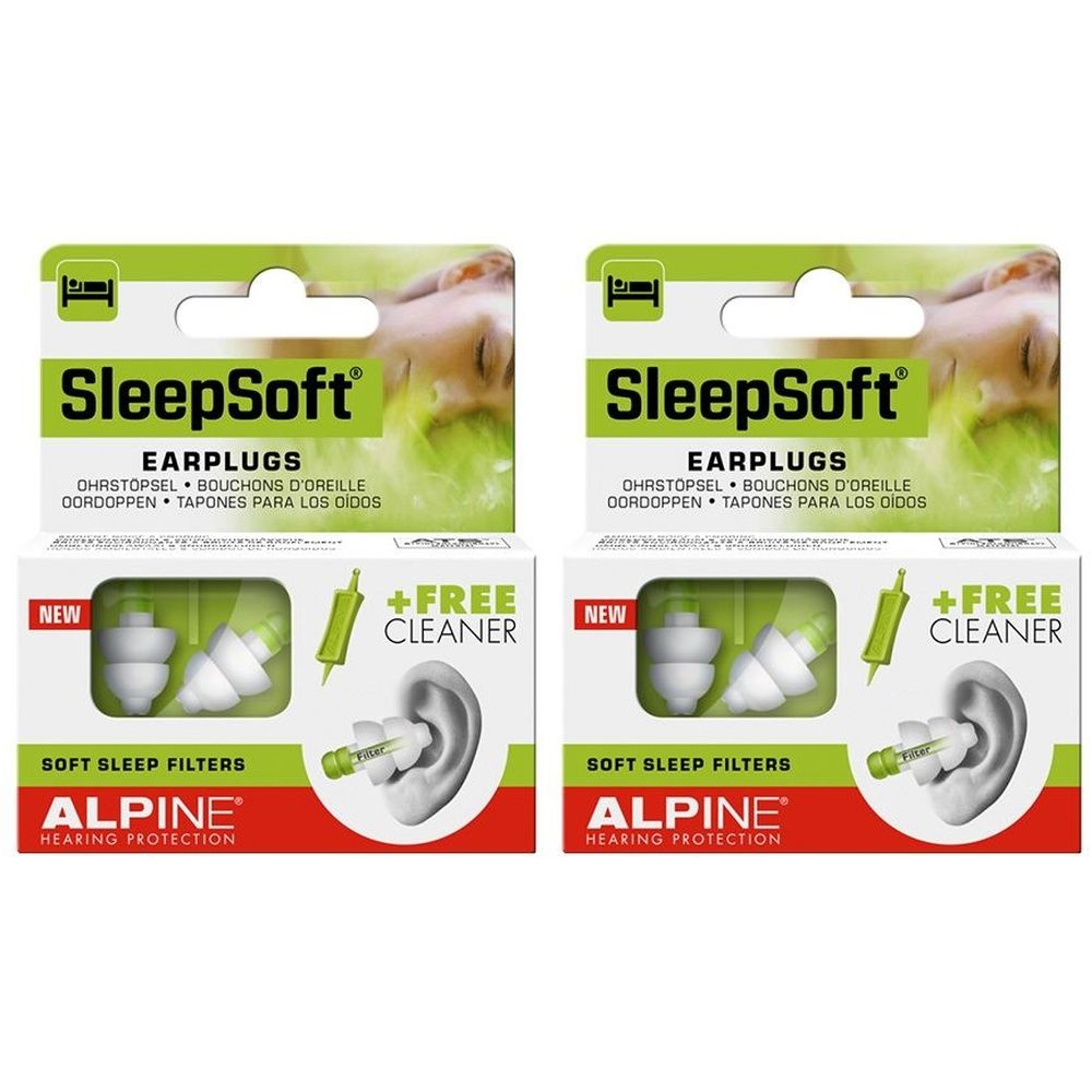 Zwei Packungen Alpine SleepSoft Ohrstöpsel. Jede Packung enthält Ohrstöpsel, einen Reiniger und ist mit „NEW“ gekennzeichnet.
