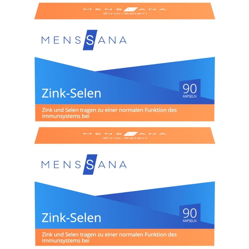 Zwei Packungen mit der Aufschrift "MENS SANA Zink-Selen". Blaue und orangefarbene Verpackung mit 90 Kapseln. Text: Zink und Selen tragen zur normalen Funktion des Immunsystems bei.