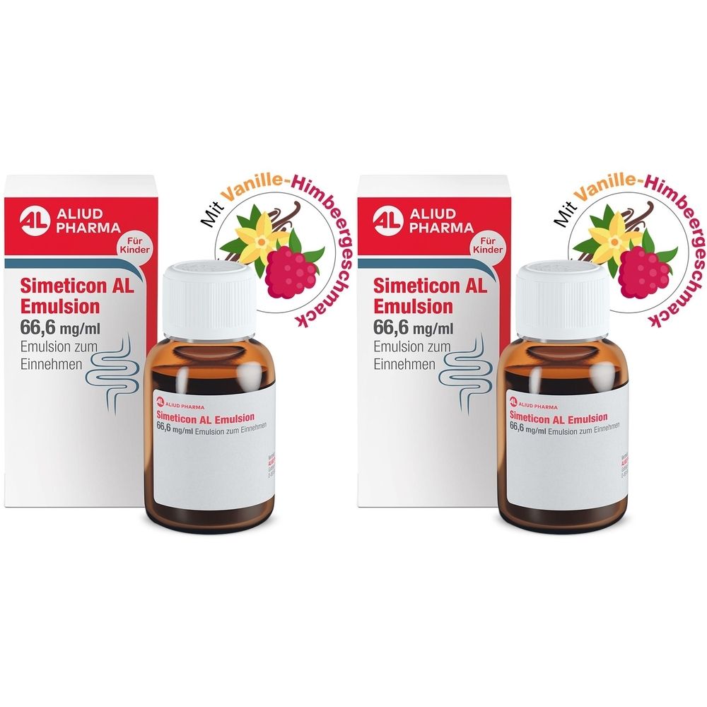 Zwei Flaschen und Verpackungen von Simeticon AL Emulsion. Aufschrift: 66,6 mg/ml, Emulsion zum Einnehmen. Mit Vanille-Himbeergeschmack.