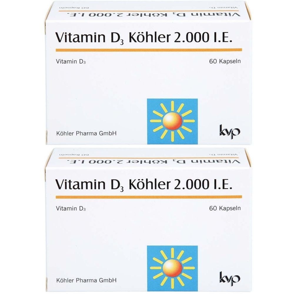 Zwei Packungen Vitamin D3 Köhler 2.000 I.E. Kapseln. Weiße Schachteln mit orangefarbener Schrift und Logo. 60 Kapseln.