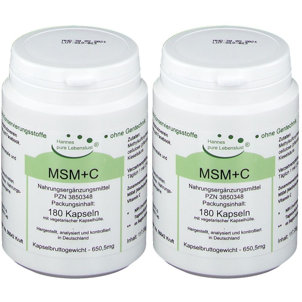 Zwei weiße Dosen mit Deckel. Aufschrift: MSM+C, Nahrungsergänzungsmittel, 180 Kapseln. Marke: Hannes pure Lebenslust.