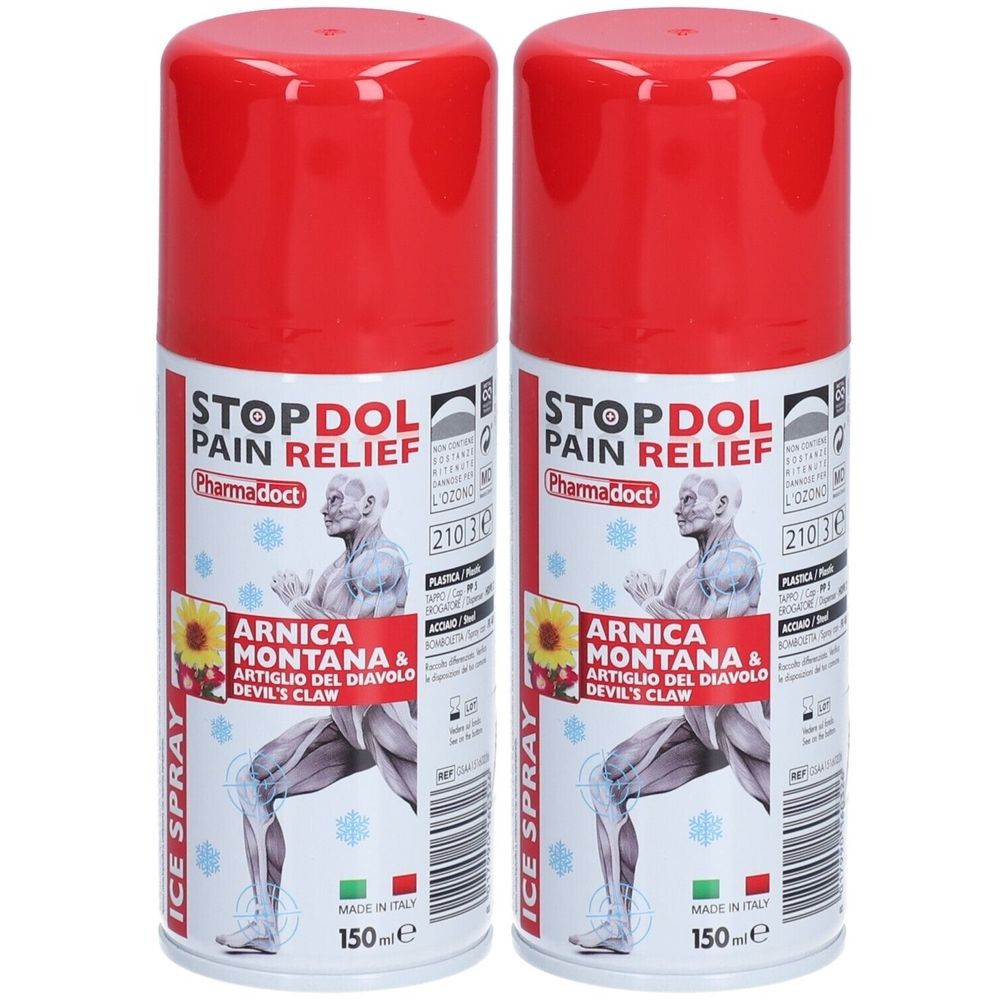 Zwei Sprays mit rotem Deckel. Aufschrift: STOPDOL PAIN RELIEF, Arnica Montana & Artiglio del Diavolo. Eis-Spray. Hergestellt in Italien.