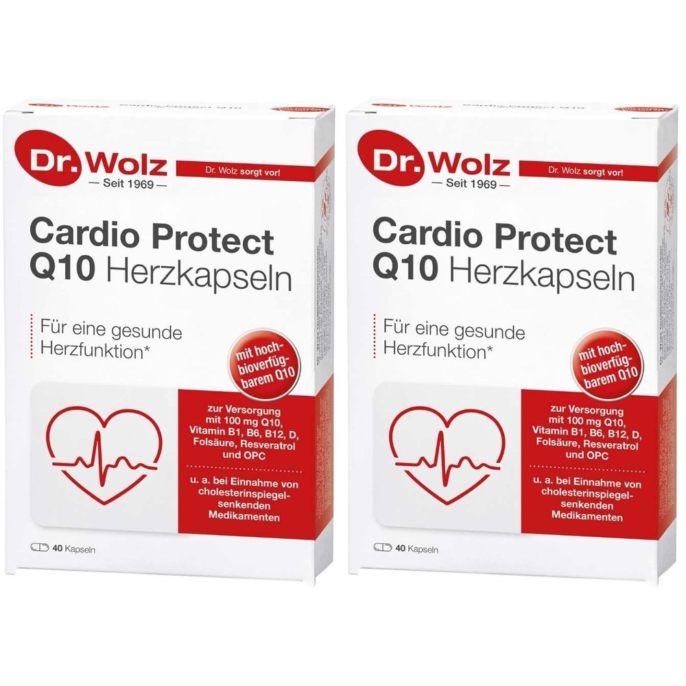 Zwei Kartons Dr. Wolz Cardio Protect Q10 Herzkapseln. Weiß, mit roter Schrift und Herz-Grafik. Enthält 40 Kapseln.
