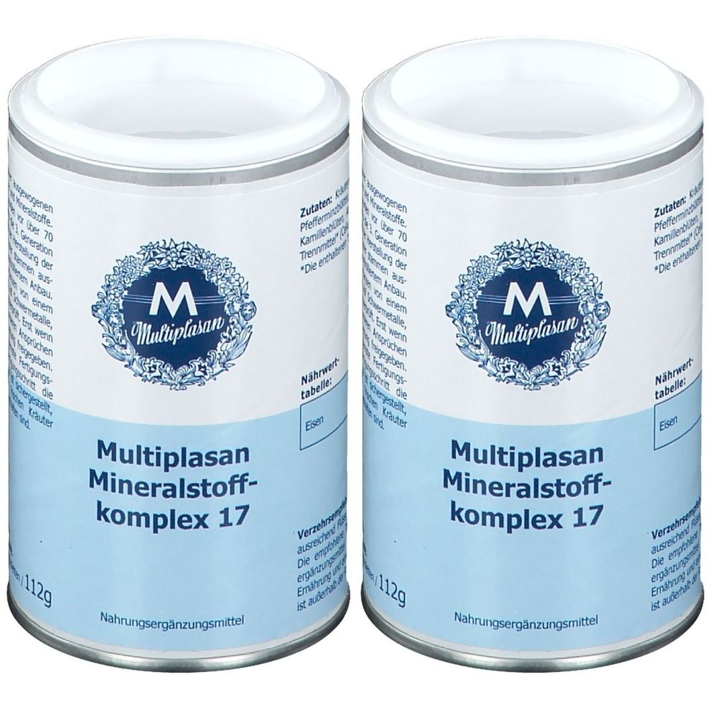 Zwei zylindrische Dosen. Aufschrift: Multiplasan Mineralstoffkomplex 17. Logo mit „M“. Blaue und weiße Farbgebung. Nahrungsergänzungsmittel.