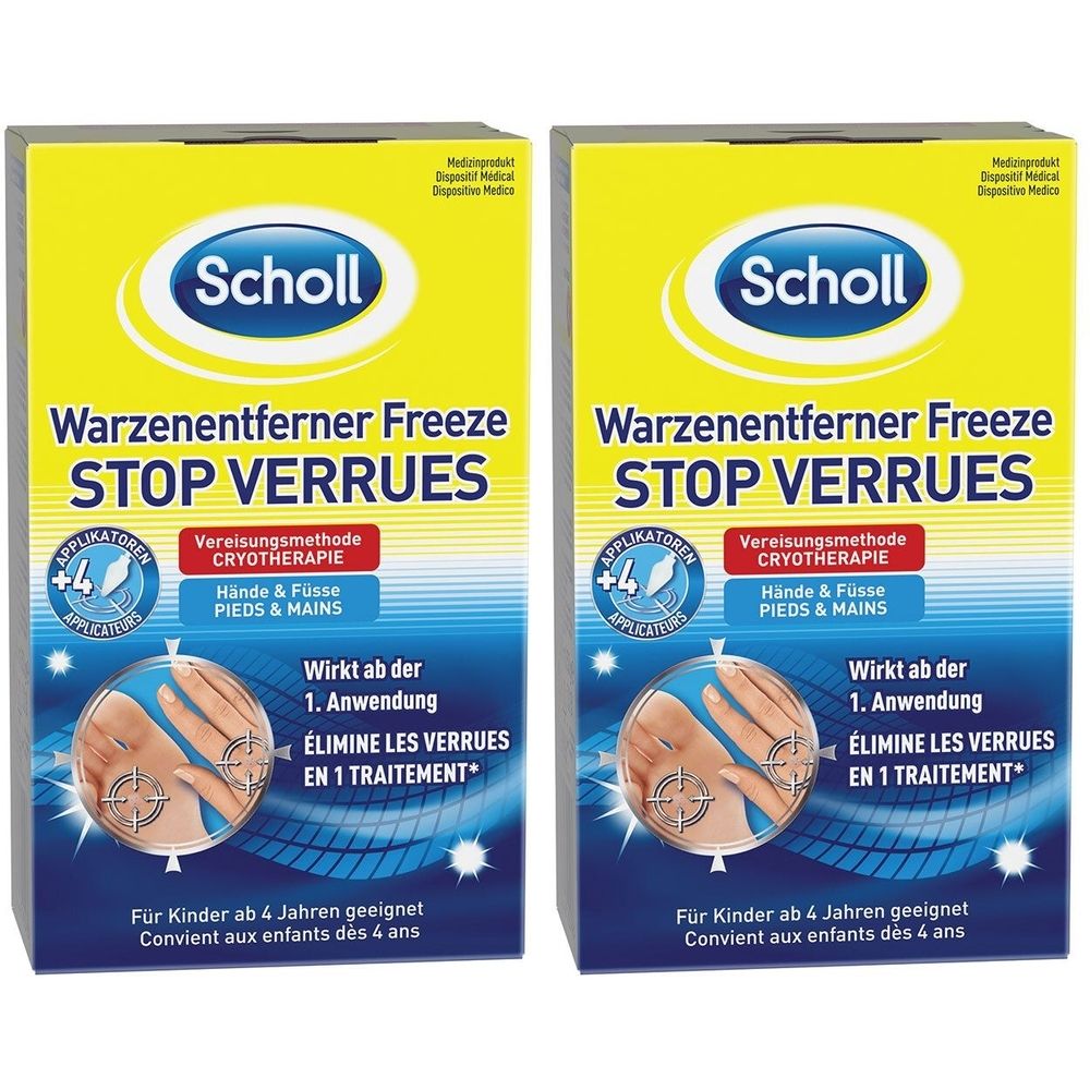 Zwei Schachteln Scholl Warzenentferner Freeze. Gelbe Verpackung mit Produktnamen und Illustrationen. Geeignet für Kinder ab 4 Jahren.