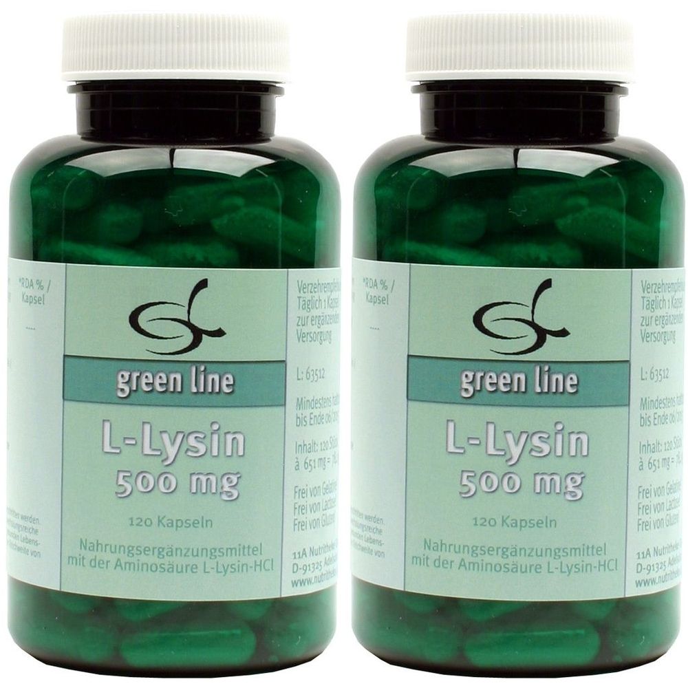 Zwei grüne Flaschen mit Kapseln. Aufschrift: green line L-Lysin 500 mg, 120 Kapseln. Nahrungsergänzungsmittel.