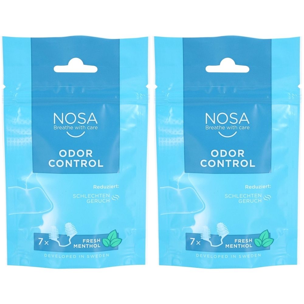 Zwei blaue Beutel mit Nasenplug-Verpackung. Aufschrift: NOSA, ODOR CONTROL, 7x, FRESH MENTHOL. Mit Menthol für Geruchsschutz.