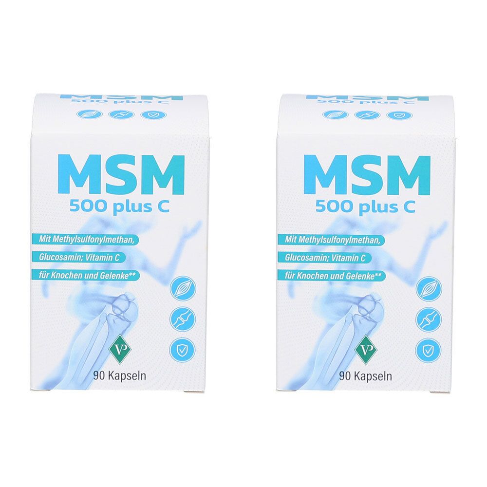 Zwei weiße Kartons mit blauer Aufschrift MSM 500 plus C. Text: Mit Methylsulfonylmethan, Glucosamin, Vitamin C. 90 Kapseln.