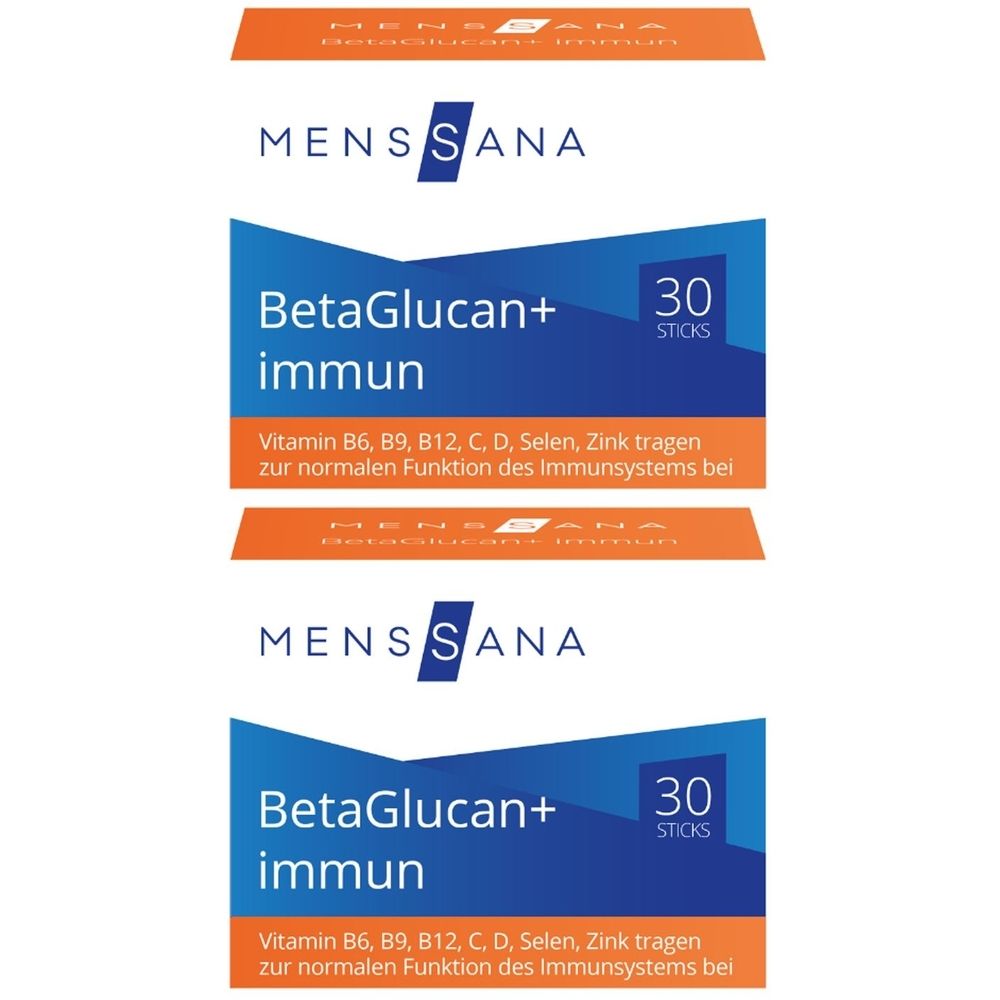 Zwei Packungen MENSSANA BetaGlucan+ immun. Blaue Verpackung mit weißer Schrift. Enthält 30 Sticks. Enthält Vitamine und Mineralien.