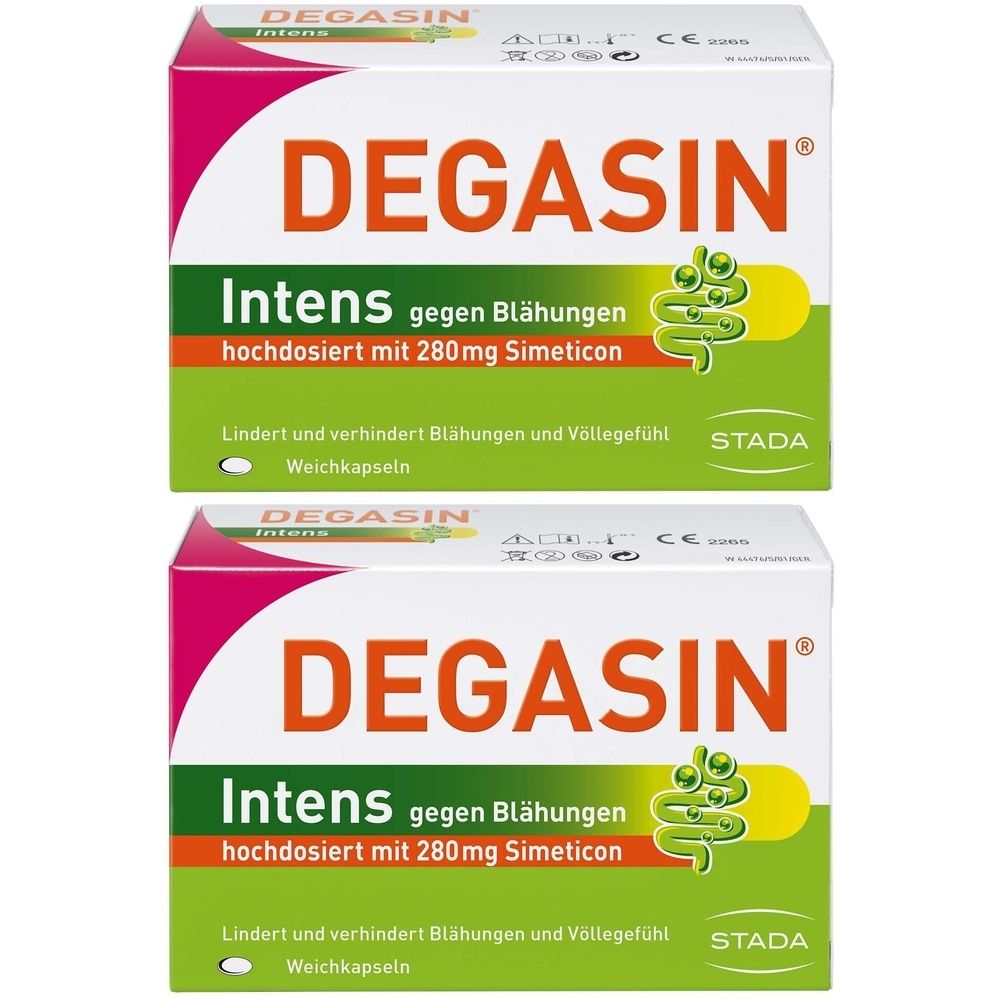 Zwei Schachteln DEGASIN® Intens. Weiße Verpackung mit rotem und grünem Akzent. Schriftzug DEGASIN® und Produktinformationen.