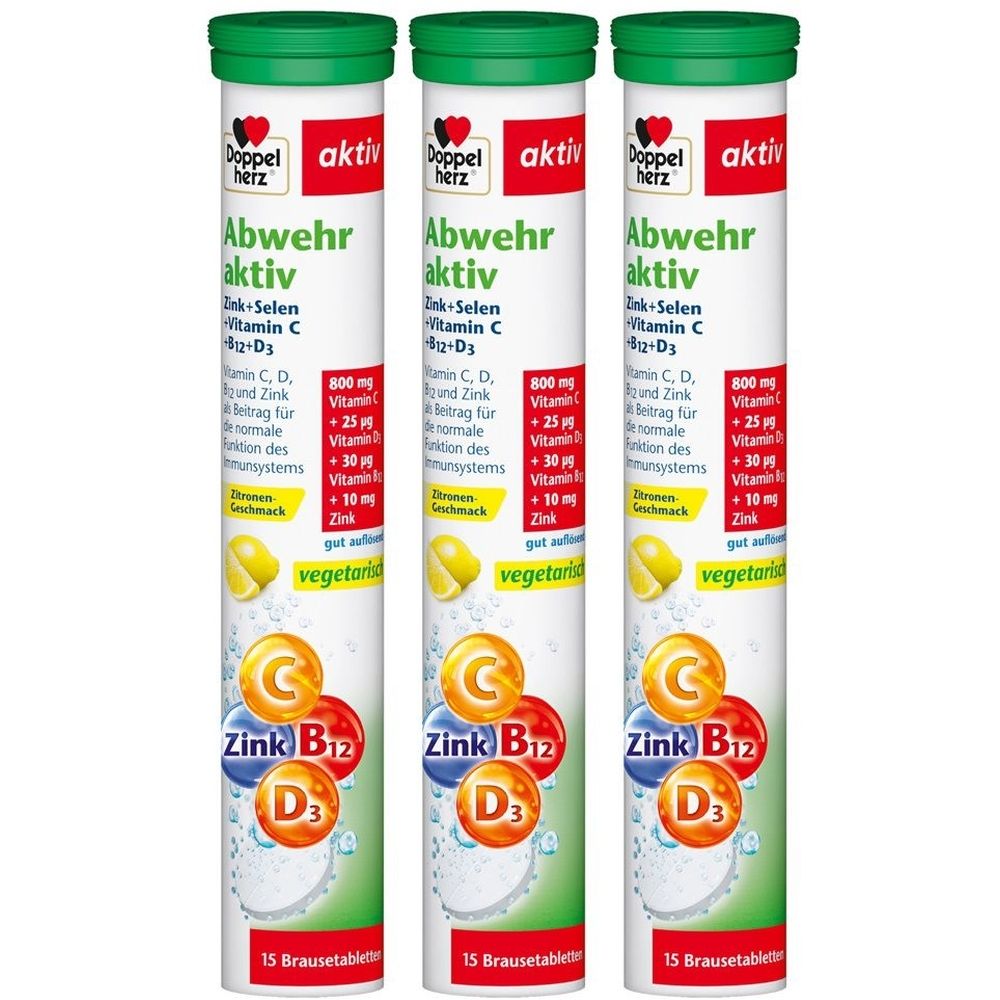 Drei zylindrische Behälter mit grünen Deckeln. Aufschrift: Doppelherz aktiv Abwehr aktiv. Enthält Zink, Selen, Vitamin C, B12, D3.