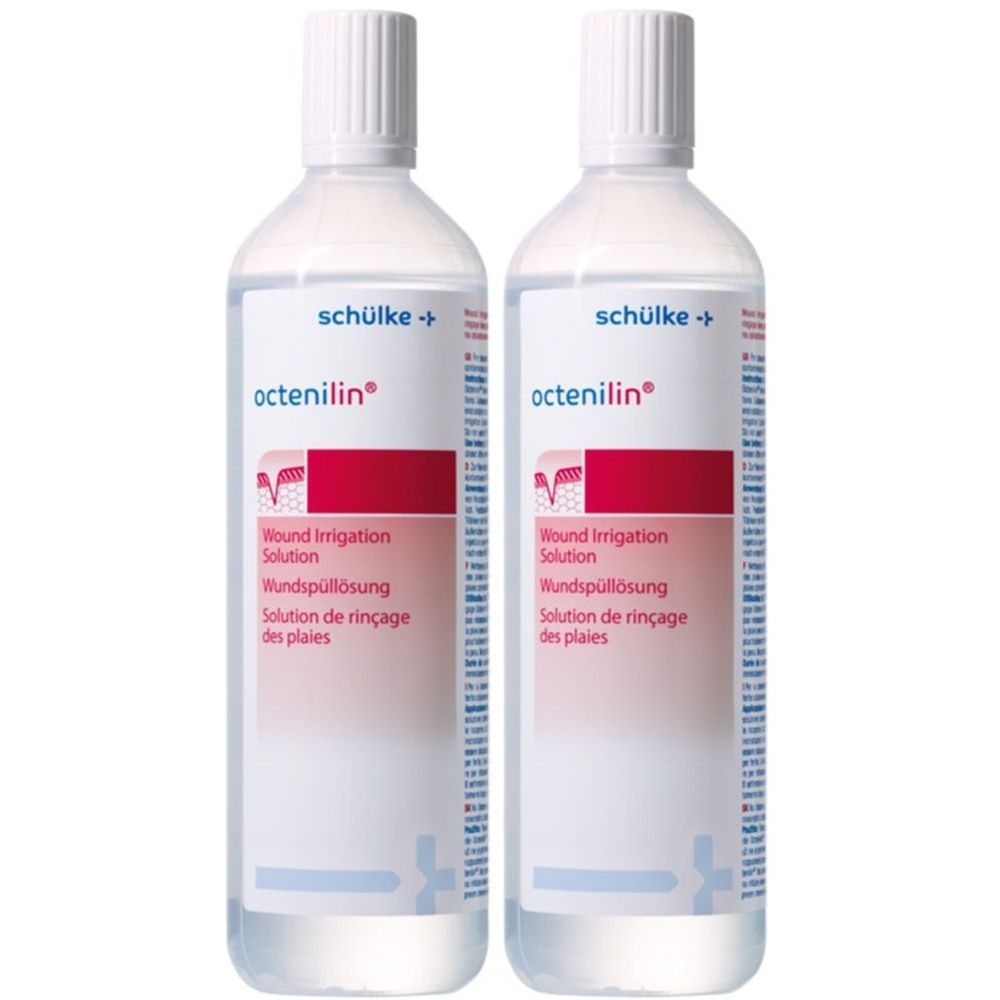 Zwei Flaschen octenilin® Wundspüllösung. Weiße Flaschen mit weißem Deckel und rotem Etikett. Beschriftung: schülke, octenilin®, Wundspüllösung.