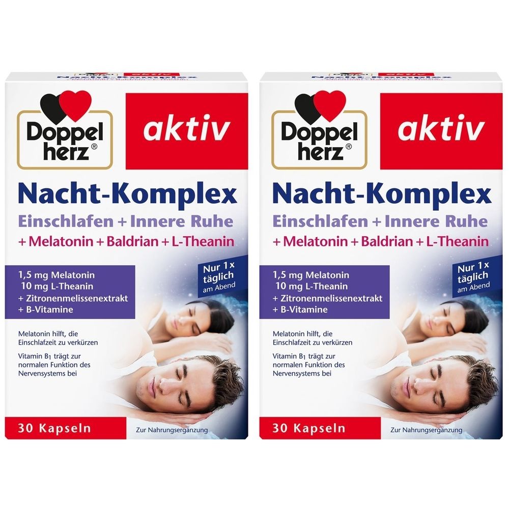 Zwei Packungen Doppelherz aktiv Nacht-Komplex. Weiße Schachteln mit roter und schwarzer Schrift. Enthält Melatonin, Baldrian und L-Theanin.