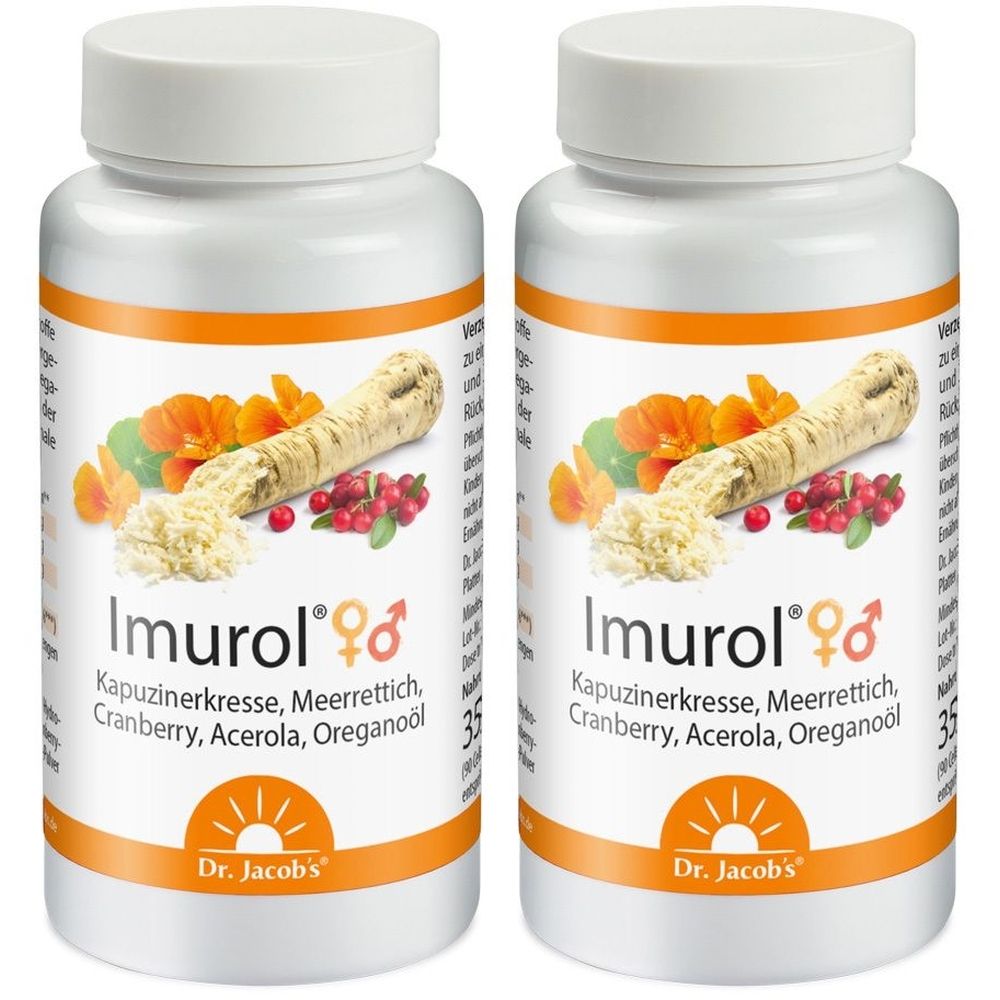 Zwei weiße Flaschen mit Etikett. Aufschrift: Imurol, Kapuzinerkresse, Meerrettich, Cranberry, Acerola, Oreganoöl. Logo: Dr. Jacob's.