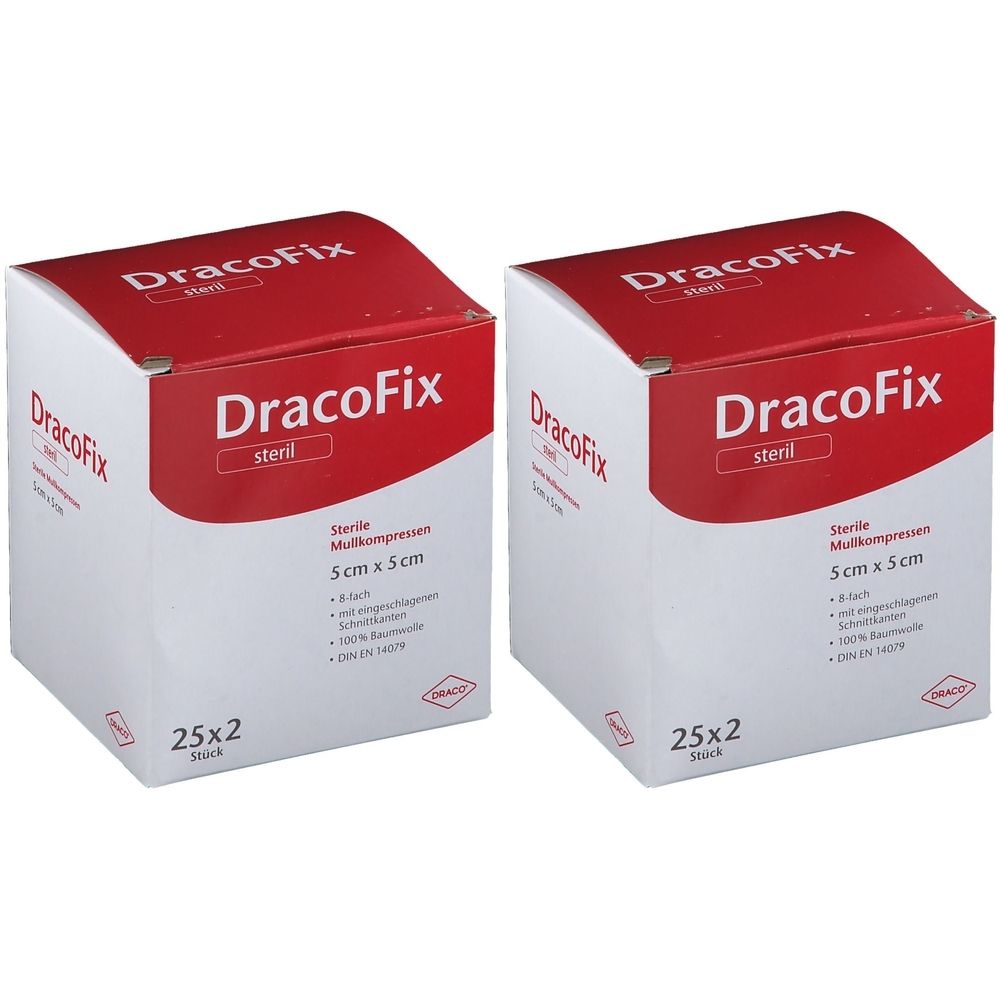 Zwei Kartons DracoFix Mullkompressen. Aufschrift: steril, 5cm x 5cm, 25x2 Stück. Rote und weiße Verpackung.