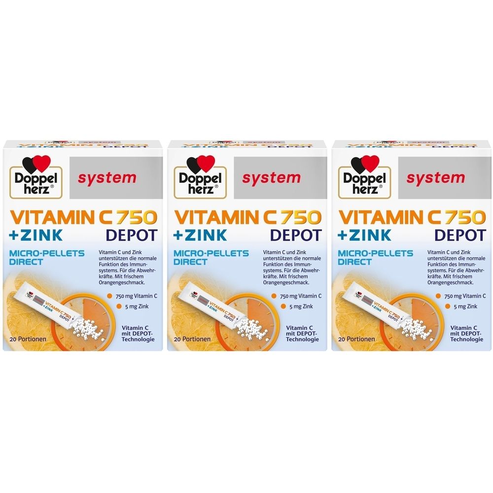 Drei Packungen Doppelherz system Vitamin C 750 Depot + Zink. Weiße Verpackung mit rotem Herzlogo. Text: Micro-Pellets Direct, 20 Portionen.