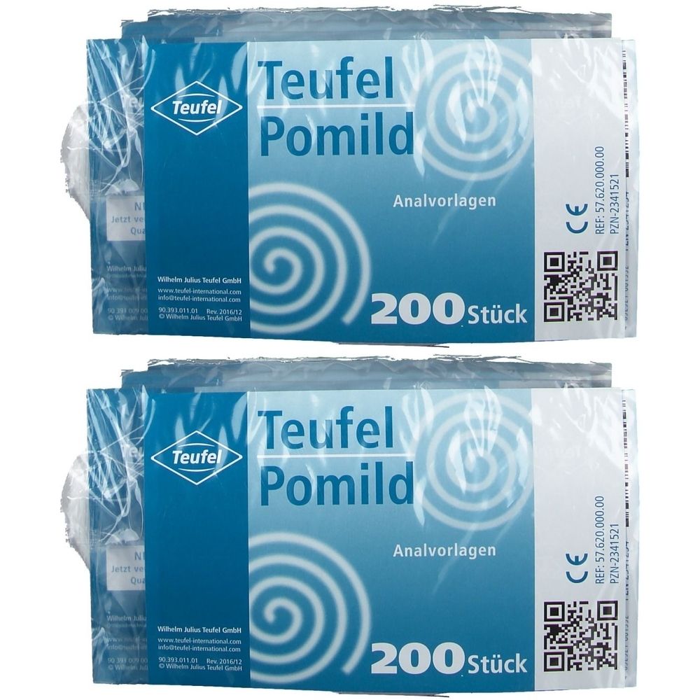Zwei Packungen Teufel Pomild Analvorlagen. Blaue Verpackung mit Produktnamen, 200 Stück und CE-Kennzeichnung.