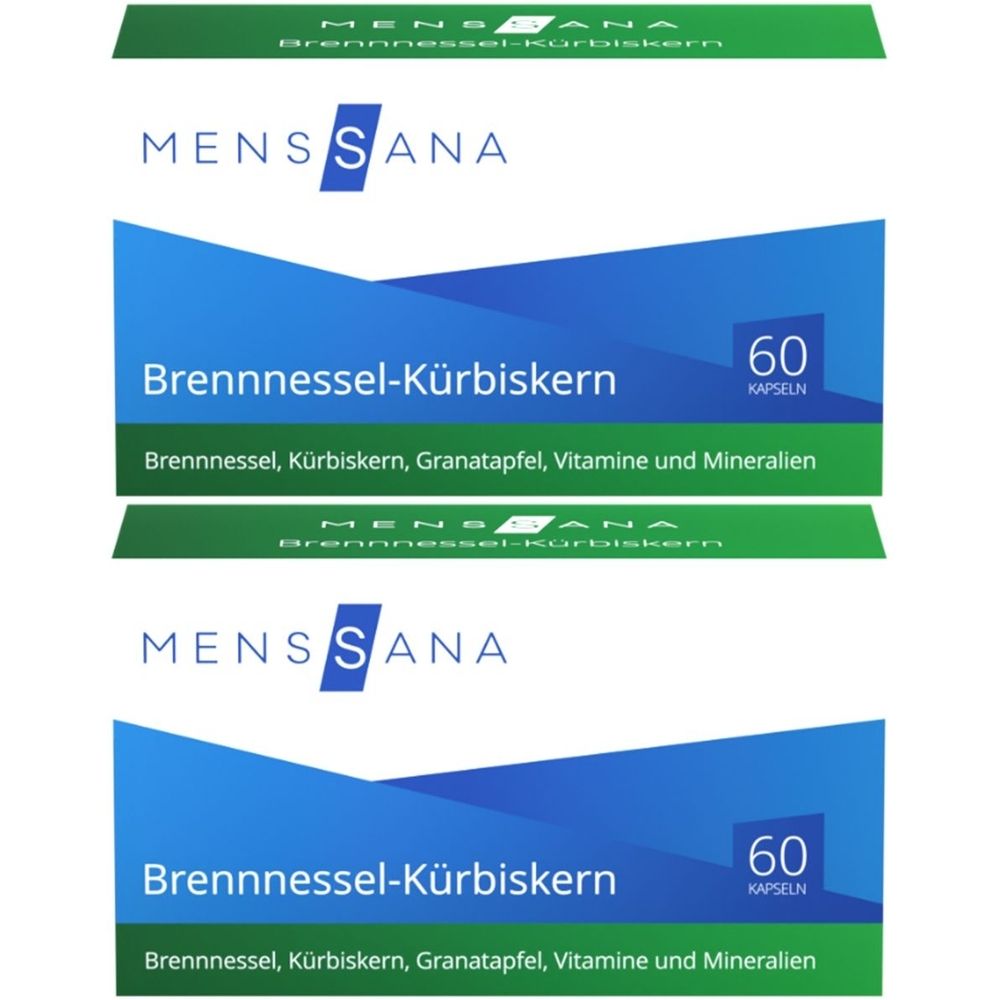 Zwei Packungen mit der Aufschrift MENSSANA Brennnessel-Kürbiskern. Jede Packung enthält 60 Kapseln. Aufschrift: Brennnessel, Kürbiskern, Granatapfel, Vitamine und Mineralien.