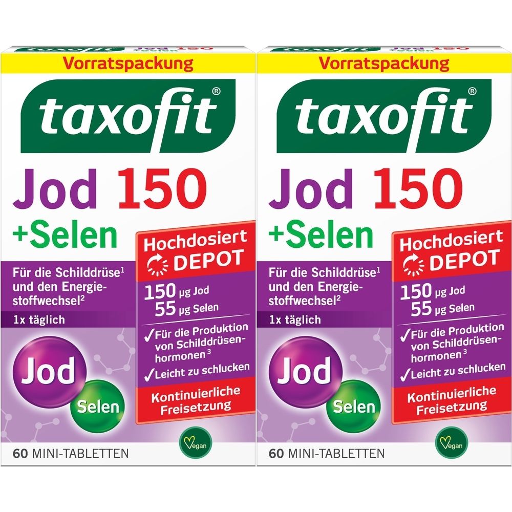 Zwei Packungen taxofit Jod 150 + Selen. Aufschrift: Hochdosiert Depot, 150 µg Jod, 55 µg Selen. 60 Mini-Tabletten. Vegan.
