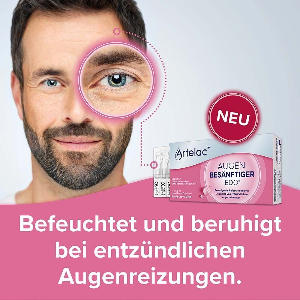 Mann mit gerötetem Auge, daneben Packung Artelac® Augenbesänftiger EDO®.
