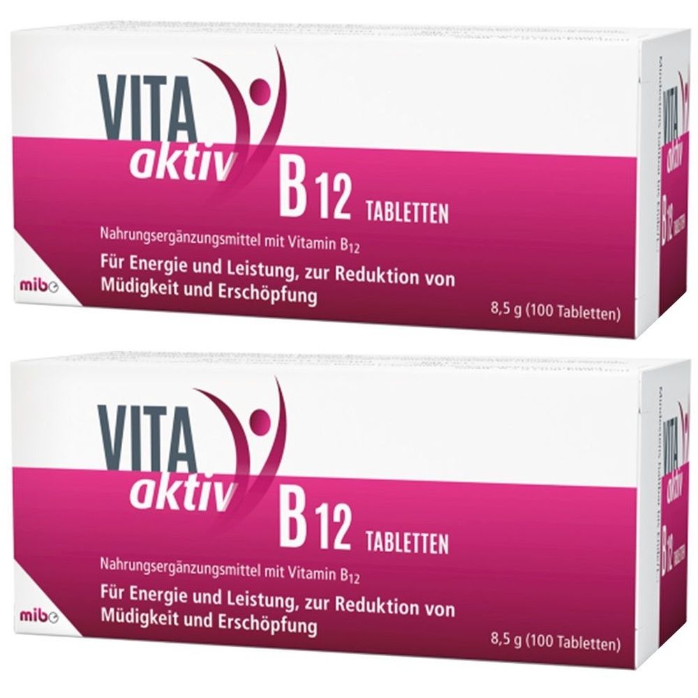 Zwei Packungen VITA aktiv B12 Tabletten. Weiße Schachteln mit pinkfarbenem Streifen. Schriftzug: VITA aktiv, B12, Tabletten. Text: Nahrungsergänzungsmittel.