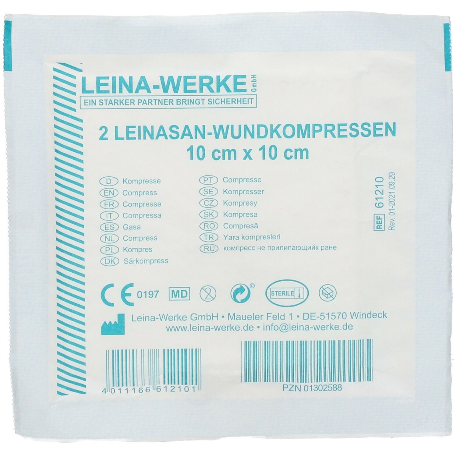 Verpackung mit 2 Kompressen. Aufschrift: 2 LEINASAN-WUNDKOMPRESSEN 10 cm x 10 cm. Marke: LEINA-WERKE. Medizinprodukt mit CE-Kennzeichnung.